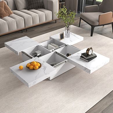 KWPZQEB Square Coffee Table with 4 Sliding Top & Hidden Storage Space for Living Room