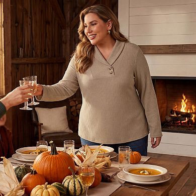 Women's Plus Size Shawl Collar Tops Button Decor V Neck Blouses Long Sleeve Knit Sweater Pullover