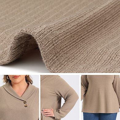 Women's Plus Size Shawl Collar Tops Button Decor V Neck Blouses Long Sleeve Knit Sweater Pullover