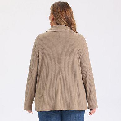 Women's Plus Size Shawl Collar Tops Button Decor V Neck Blouses Long Sleeve Knit Sweater Pullover