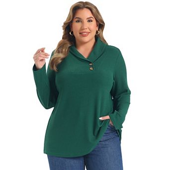 Women's Plus Size Shawl Collar Tops Button Decor V Neck Blouses Long Sleeve Knit Sweater Pullover