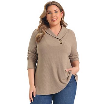 Women's Plus Size Shawl Collar Tops Button Decor V Neck Blouses Long Sleeve Knit Sweater Pullover