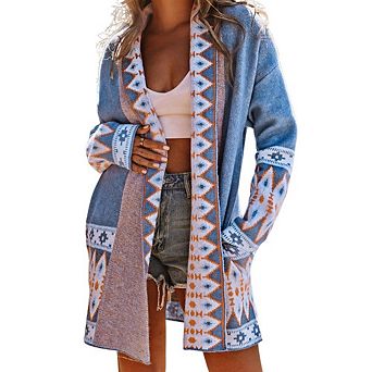 Geometric Print Open Front Knitted Cardigan
