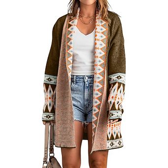 Geometric Print Open Front Knitted Cardigan