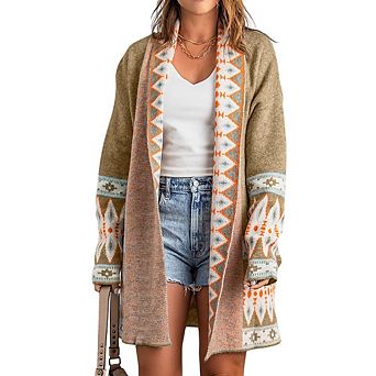 Geometric Print Open Front Knitted Cardigan