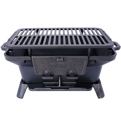 Tabletop Cast Iron Charcoal Griddle with Vent for Camping and Outdoor Cooking