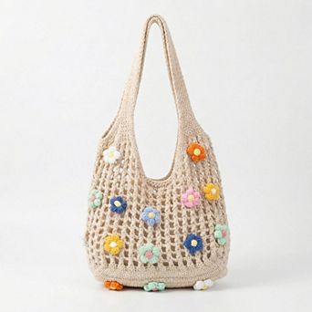 Women Crochet Shoulder Tote Bag Floral Applique Lightweight Slouchy Handbag