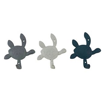 Cast Iron Sea Turtle Wall Hook Set Blue, Gray, White, Indoor/Outdoor Use