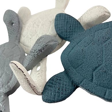 Cast Iron Sea Turtle Wall Hook Set Blue, Gray, White, Indoor/Outdoor Use