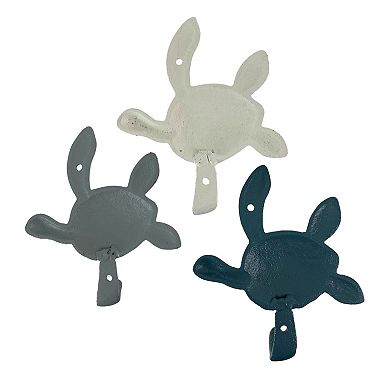 Cast Iron Sea Turtle Wall Hook Set Blue, Gray, White, Indoor/Outdoor Use