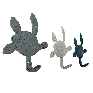 Cast Iron Sea Turtle Wall Hook Set Blue, Gray, White, Indoor/Outdoor Use