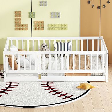 Children's double floor bed, with railings and a door, Montessori floor bed frame