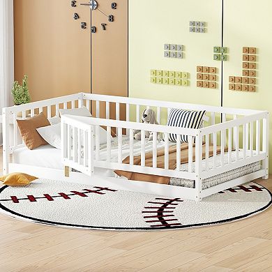 Children's double floor bed, with railings and a door, Montessori floor bed frame