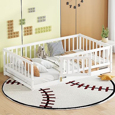 Children's double floor bed, with railings and a door, Montessori floor bed frame