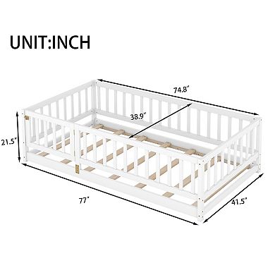 Children's double floor bed, with railings and a door, Montessori floor bed frame