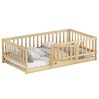 Children's double floor bed, with railings and a door, Montessori floor bed frame