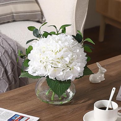 Hydrangea Artificial Flowers in Vase, Silk Faux Hydrangea Fake Flower with Glass Vase&Faux Water