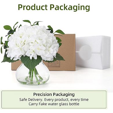 Hydrangea Artificial Flowers in Vase, Silk Faux Hydrangea Fake Flower with Glass Vase&Faux Water
