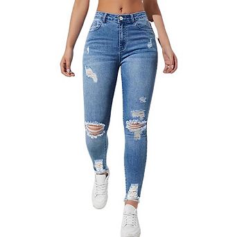 Womens Ripped Skinny Jeans High Stretch Slim Fit Distressed Denim Pants Casual Trousers