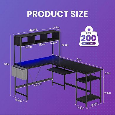 YIORTWO L Shaped Gaming Desk with LED Lights, Reversible Corner Desk with Tray