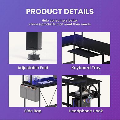 YIORTWO L Shaped Gaming Desk with LED Lights, Reversible Corner Desk with Tray