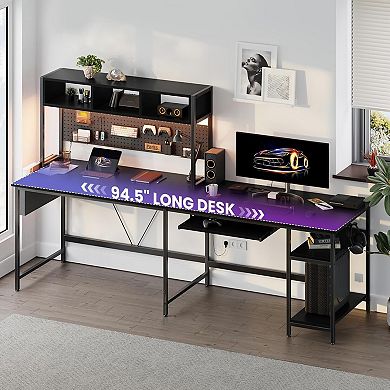 YIORTWO L Shaped Gaming Desk with LED Lights, Reversible Corner Desk with Tray