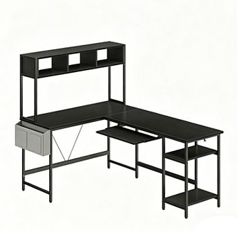 YIORTWO L Shaped Gaming Desk with LED Lights, Reversible Corner Desk with Tray
