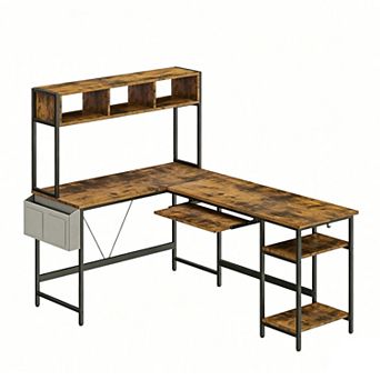 YIORTWO L Shaped Gaming Desk with LED Lights, Reversible Corner Desk with Tray