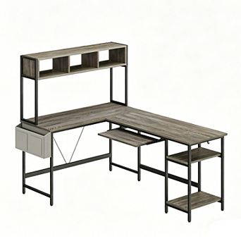 YIORTWO L Shaped Gaming Desk with LED Lights, Reversible Corner Desk with Tray
