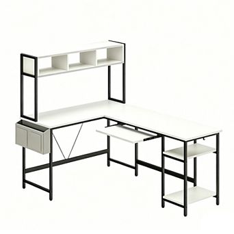YIORTWO L Shaped Gaming Desk with LED Lights, Reversible Corner Desk with Tray