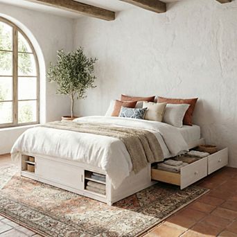 Loheer Queen Size Platform Bed Frame with 4 Storage Drawers and Footboard Storage Cubby