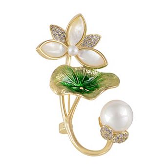 Golden Lotus Flower Nature Shell Brooch Enamel Pin With Pearl, Lotus Leaf Brooch Enamel Pin