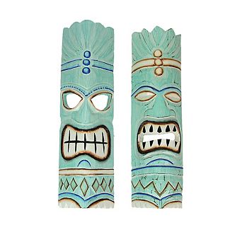 Set of 2 Polynesian Tiki Mask Wall Hangings - 20" - Aqua Blue