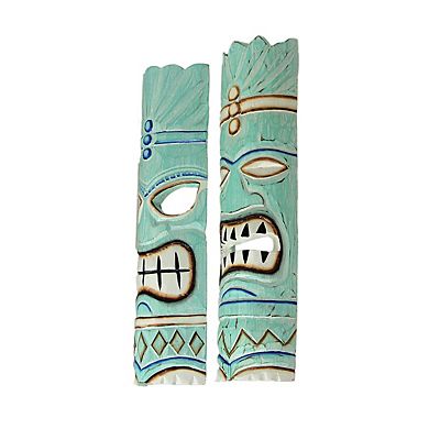 Set of 2 Polynesian Tiki Mask Wall Hangings - 20" - Aqua Blue