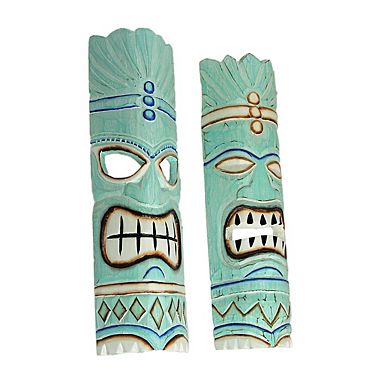 Set of 2 Polynesian Tiki Mask Wall Hangings - 20" - Aqua Blue