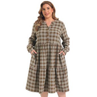 Women's Plus Size Plaid A-Line Dress Button Front Notch Neck Long Sleeve Tiered Dresses with Pockets