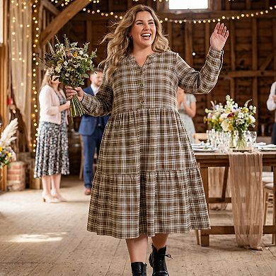 Women's Plus Size Plaid A-Line Dress Button Front Notch Neck Long Sleeve Tiered Dresses with Pockets