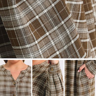 Women's Plus Size Plaid A-Line Dress Button Front Notch Neck Long Sleeve Tiered Dresses with Pockets