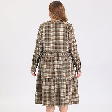 Women's Plus Size Plaid A-Line Dress Button Front Notch Neck Long Sleeve Tiered Dresses with Pockets