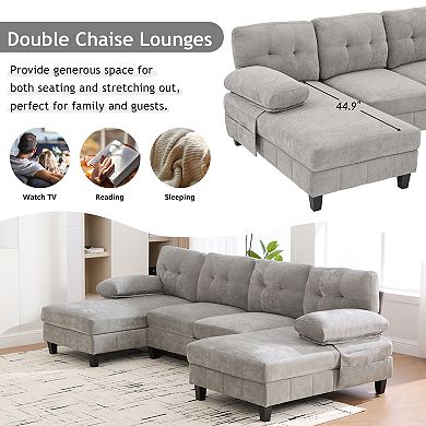 Pnronnc U Shaped Sectional Sofa Chenille Fabric Couch with Storage Pockets and Armrest Pillows