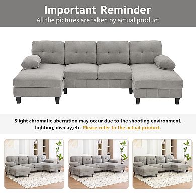 Pnronnc U Shaped Sectional Sofa Chenille Fabric Couch with Storage Pockets and Armrest Pillows