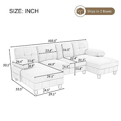 Pnronnc U Shaped Sectional Sofa Chenille Fabric Couch with Storage Pockets and Armrest Pillows