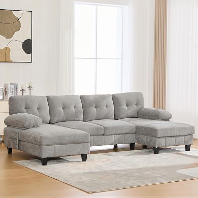Pnronnc U Shaped Sectional Sofa Chenille Fabric Couch with Storage Pockets and Armrest Pillows