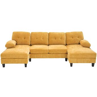 Pnronnc U Shaped Sectional Sofa Chenille Fabric Couch with Storage Pockets and Armrest Pillows