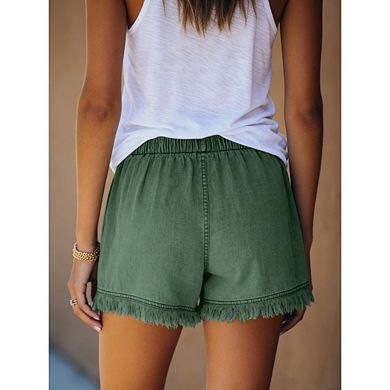 Womens Lightweight Shorts Fringed Hem Trendy Hot Pants Elastic Waist Drawstring Shorts