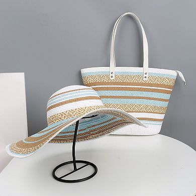 Women Wide Brim Sun Hat Striped Woven Design Lightweight Summer Hat Classic Floppy Style