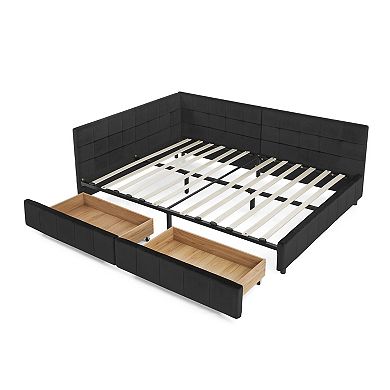 Pnronnc Velvet Tufted Sofa Bed Full Size Upholstered Daybed with L-Shape Tufted Backrest & Drawers