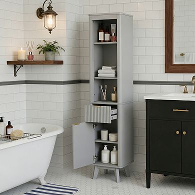 KWPZQEB 68" H Bathroom Fluted Storage Cabinet with Adjustable Shelves & Drawer & Door