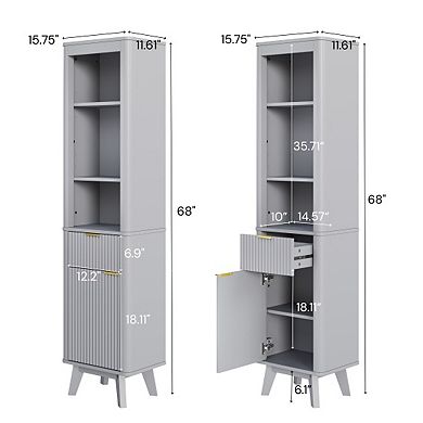 KWPZQEB 68" H Bathroom Fluted Storage Cabinet with Adjustable Shelves & Drawer & Door
