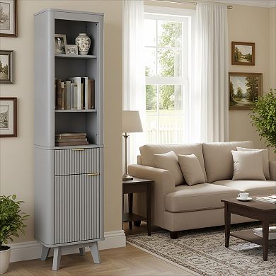 KWPZQEB 68" H Bathroom Fluted Storage Cabinet with Adjustable Shelves & Drawer & Door